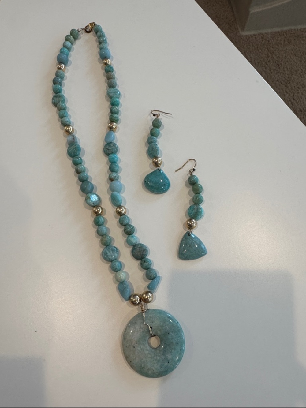 Handcrafted Aqua Bead Necklace and Earring Set - Turquoise Tone